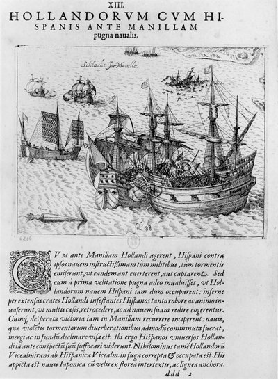 Combattimento navale tra olandesi e spagnoli al largo della costa di Manila da Dutch School